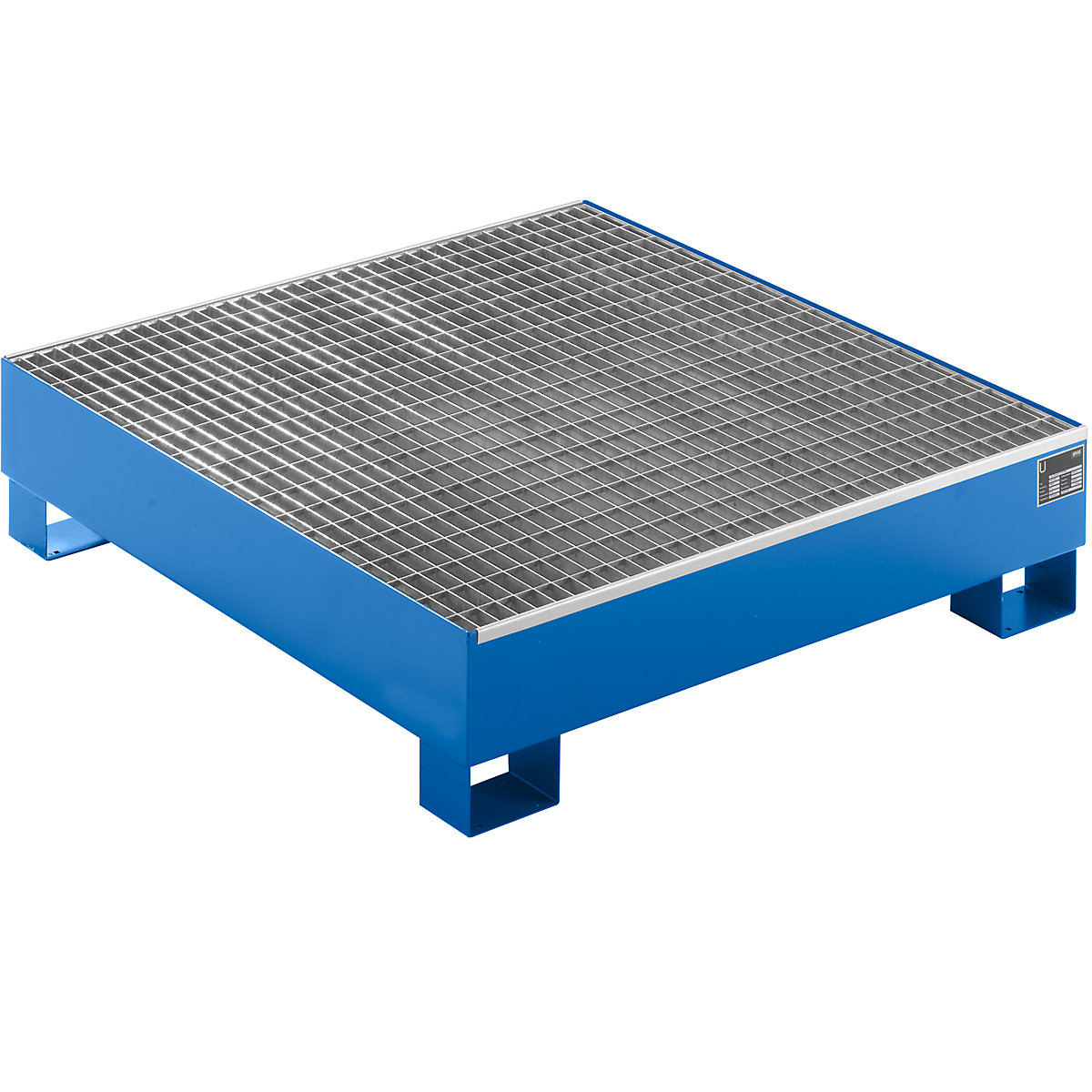 EUROKRAFTbasic – Sump tray made from sheet steel, LxWxH 1200 x 1200 x 285 mm, blue RAL 5012, with grate