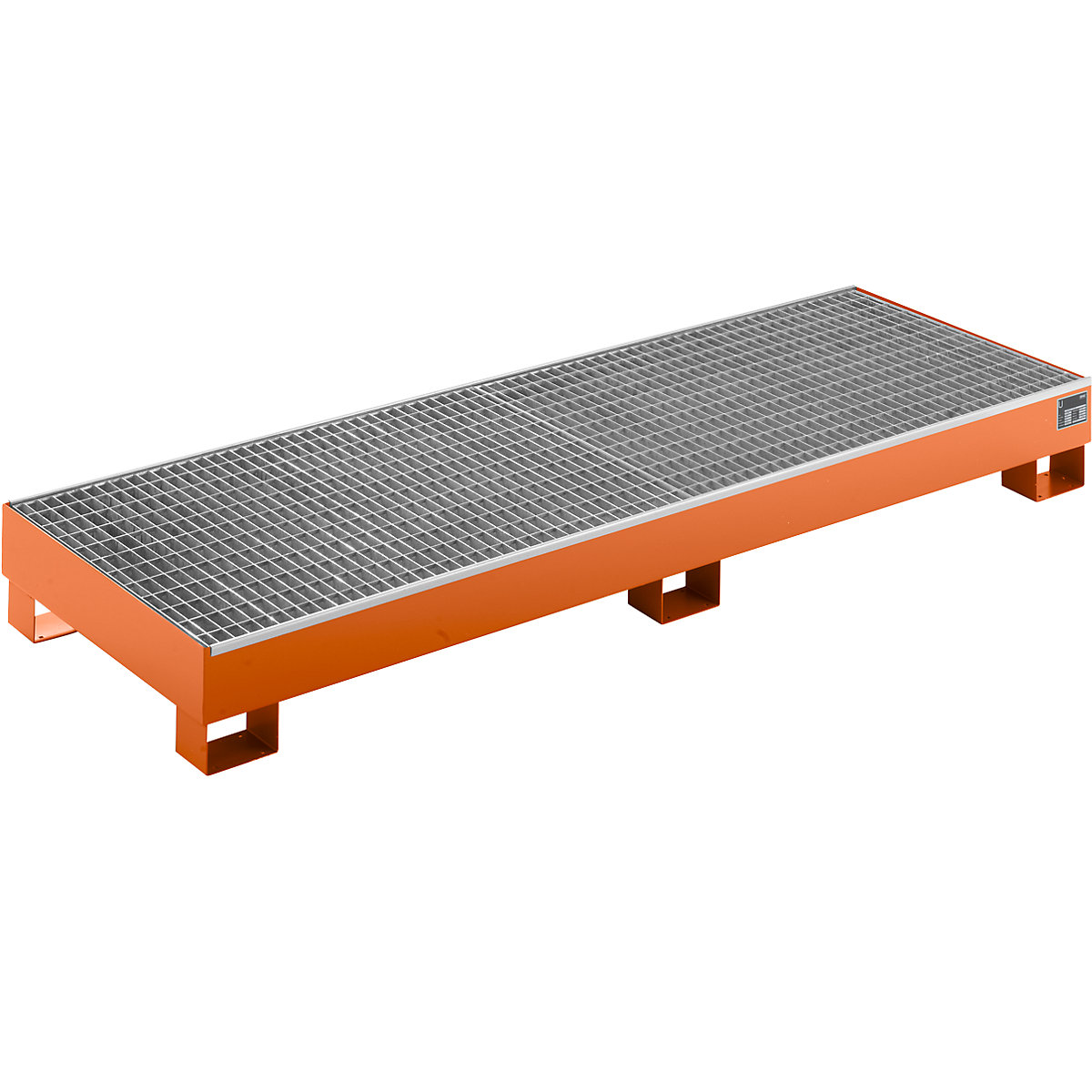 EUROKRAFTbasic – Sump tray made from sheet steel, LxWxH 2400 x 800 x 250 mm, orange RAL 2000, with grate