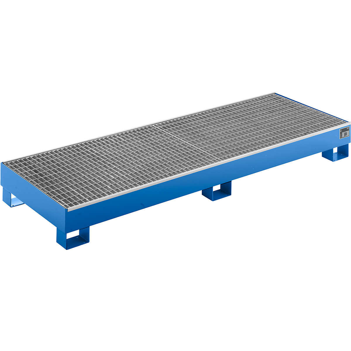 EUROKRAFTbasic – Sump tray made from sheet steel, LxWxH 2400 x 800 x 250 mm, blue RAL 5012, with grate