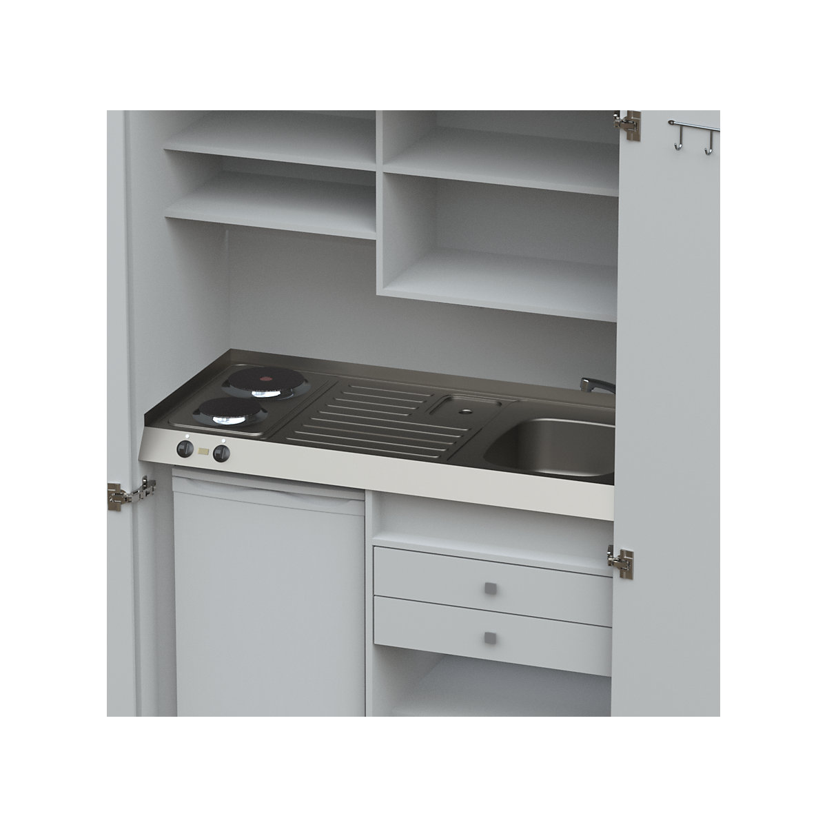 Kitchen unit with hinged doors 2 hotplates basin at right