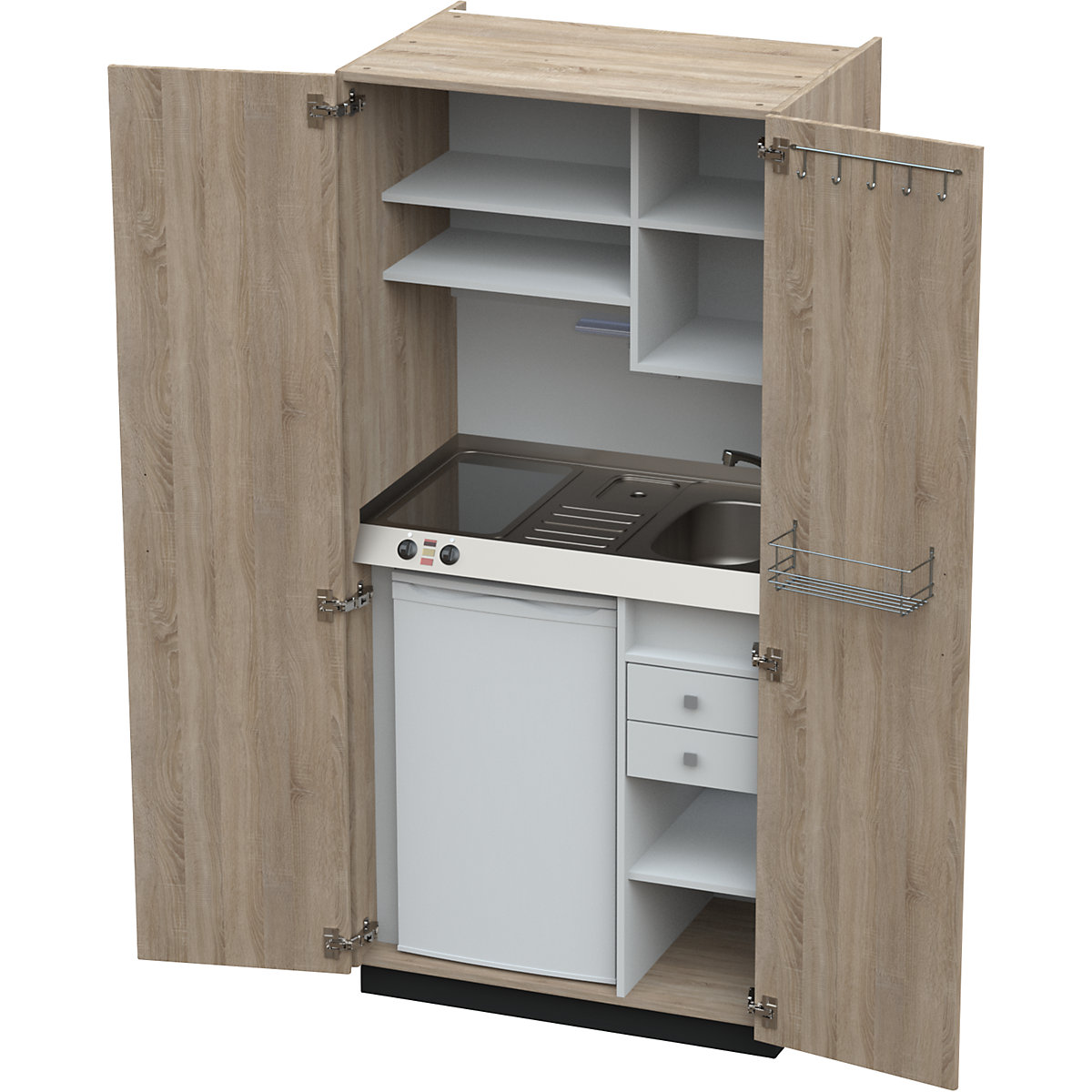 Kitchen unit with hinged doors, 2 glass ceramic hotplates, basin at right, oak, 1956 x 900 x 650 mm-14