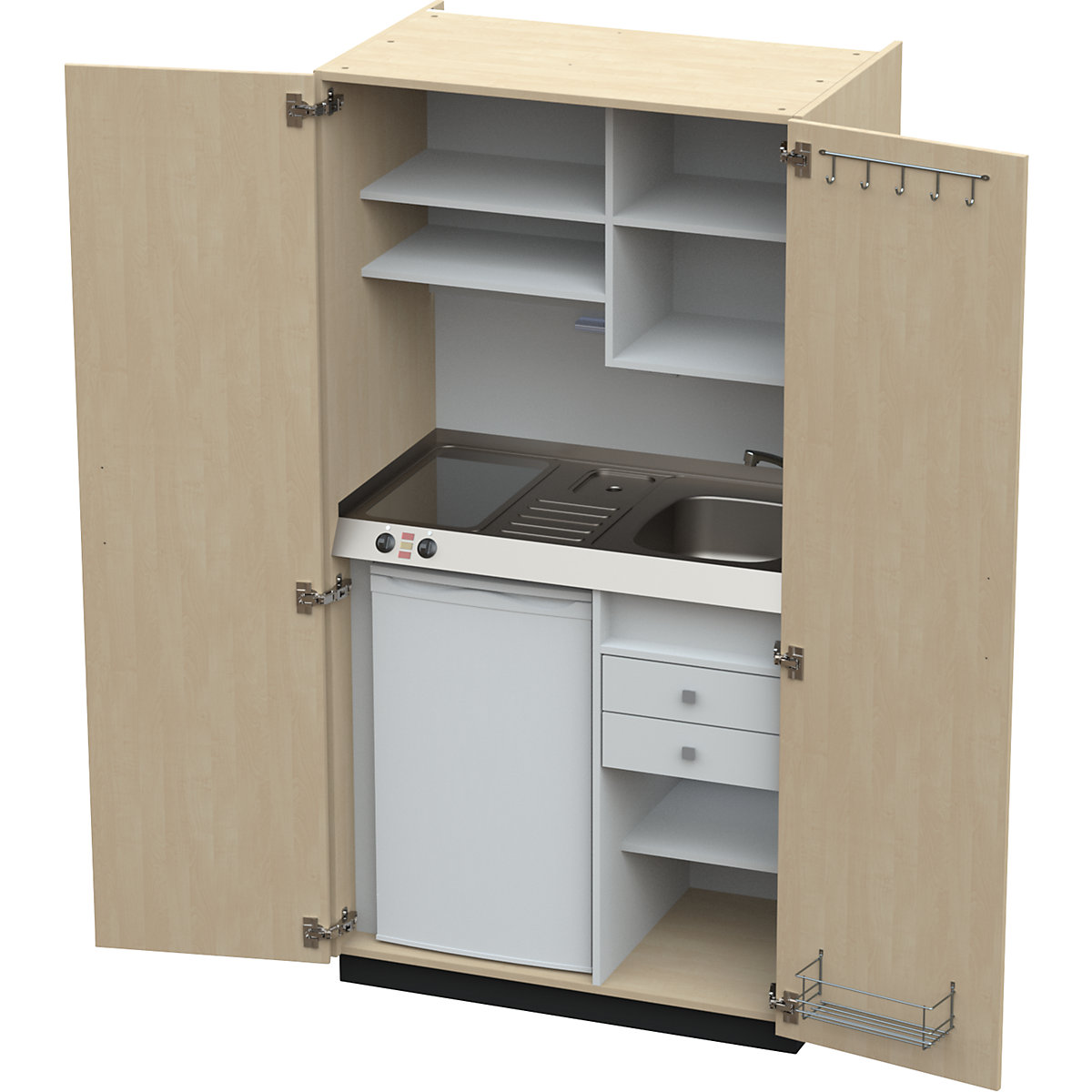 Kitchen unit with hinged doors, 2 glass ceramic hotplates, basin at right, birch, 1956 x 1000 x 650 mm-5