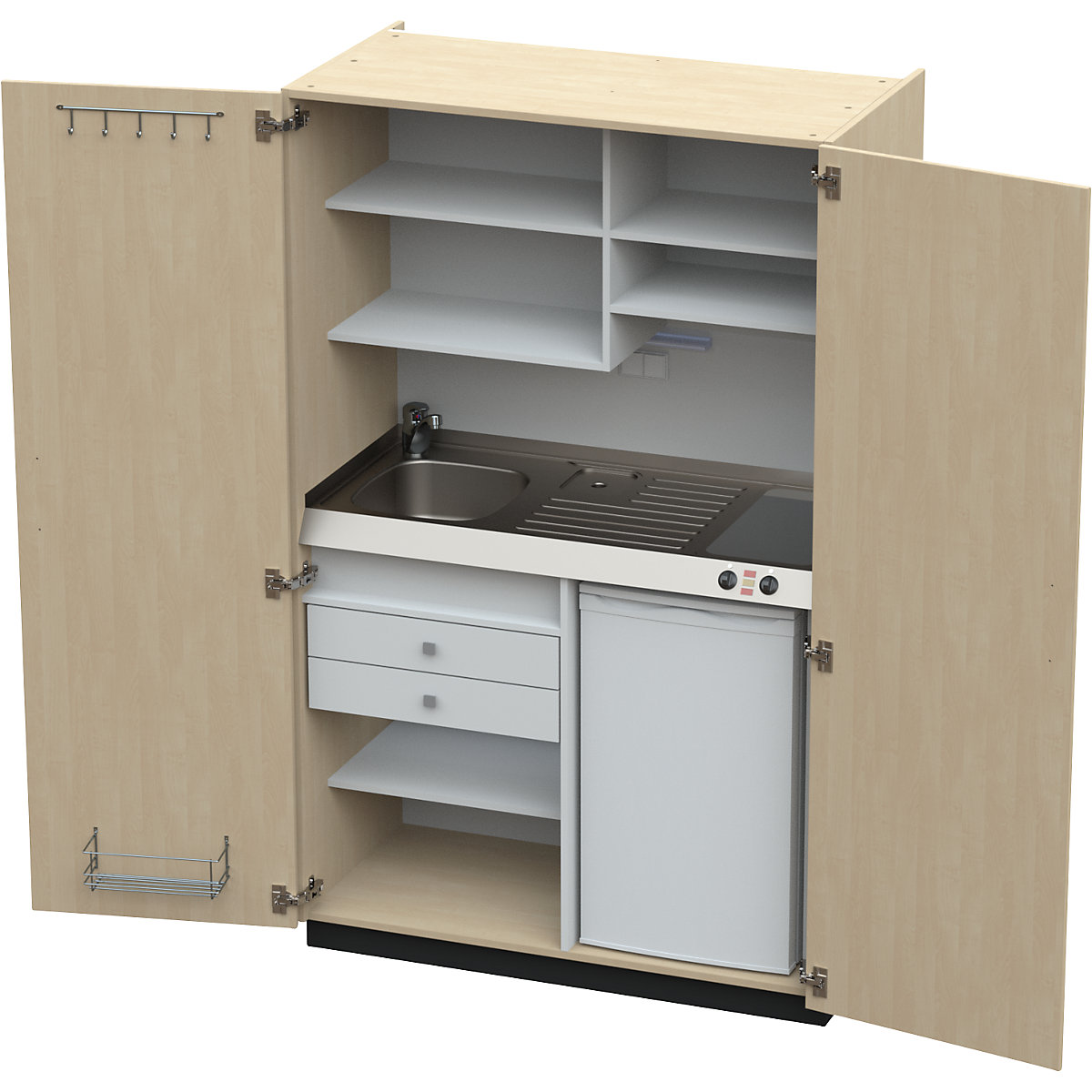 Kitchen unit with hinged doors, 2 glass ceramic hotplates, basin at left, birch, 1956 x 1200 x 650 mm-4