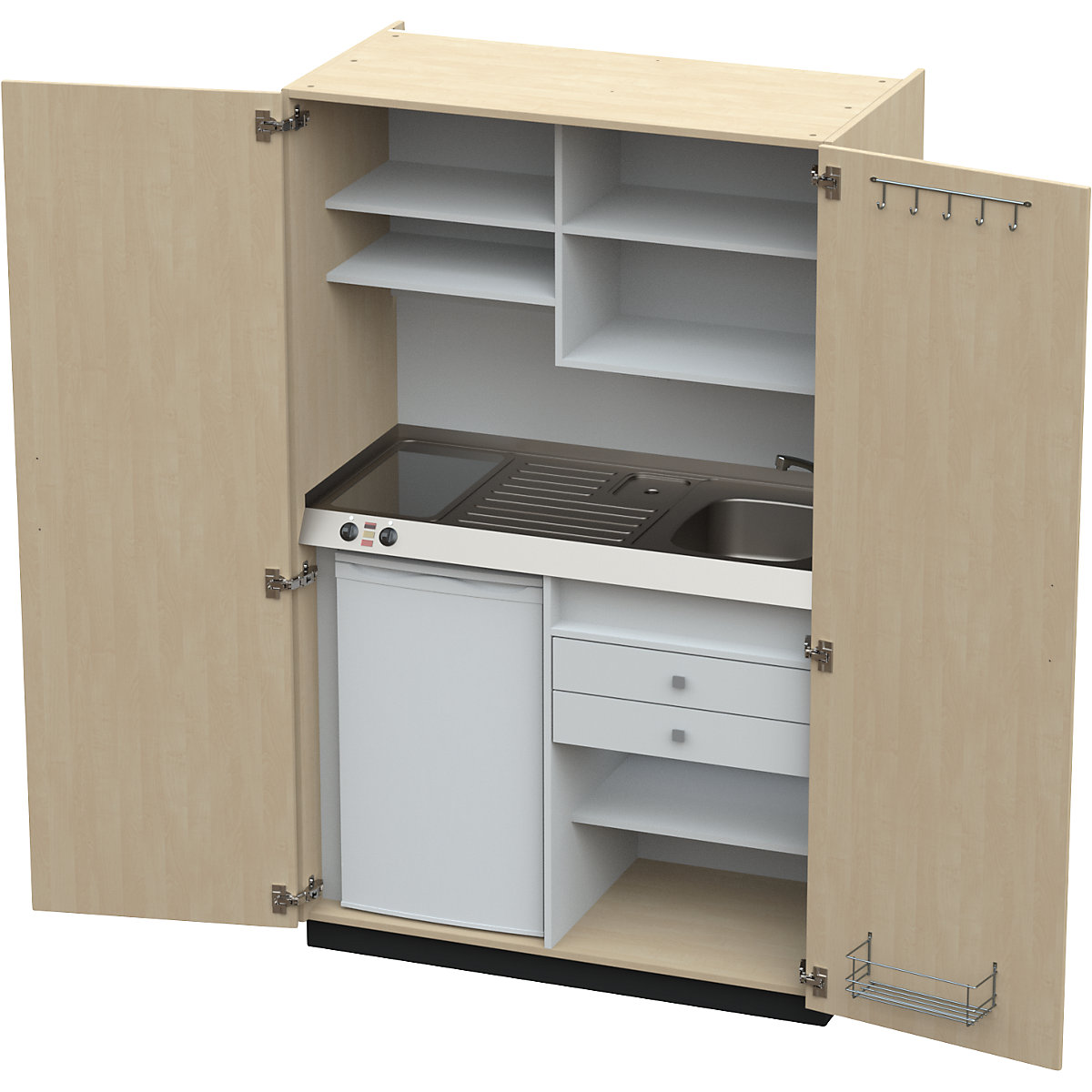 Kitchen unit with hinged doors, 2 glass ceramic hotplates, basin at right, birch, 1956 x 1200 x 650 mm-10
