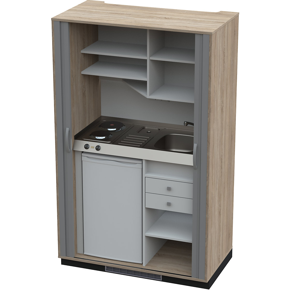 Kitchen unit with roller blind, 2 hotplates, basin at right, oak/charcoal 1956 x 1200 x 650 mm-5