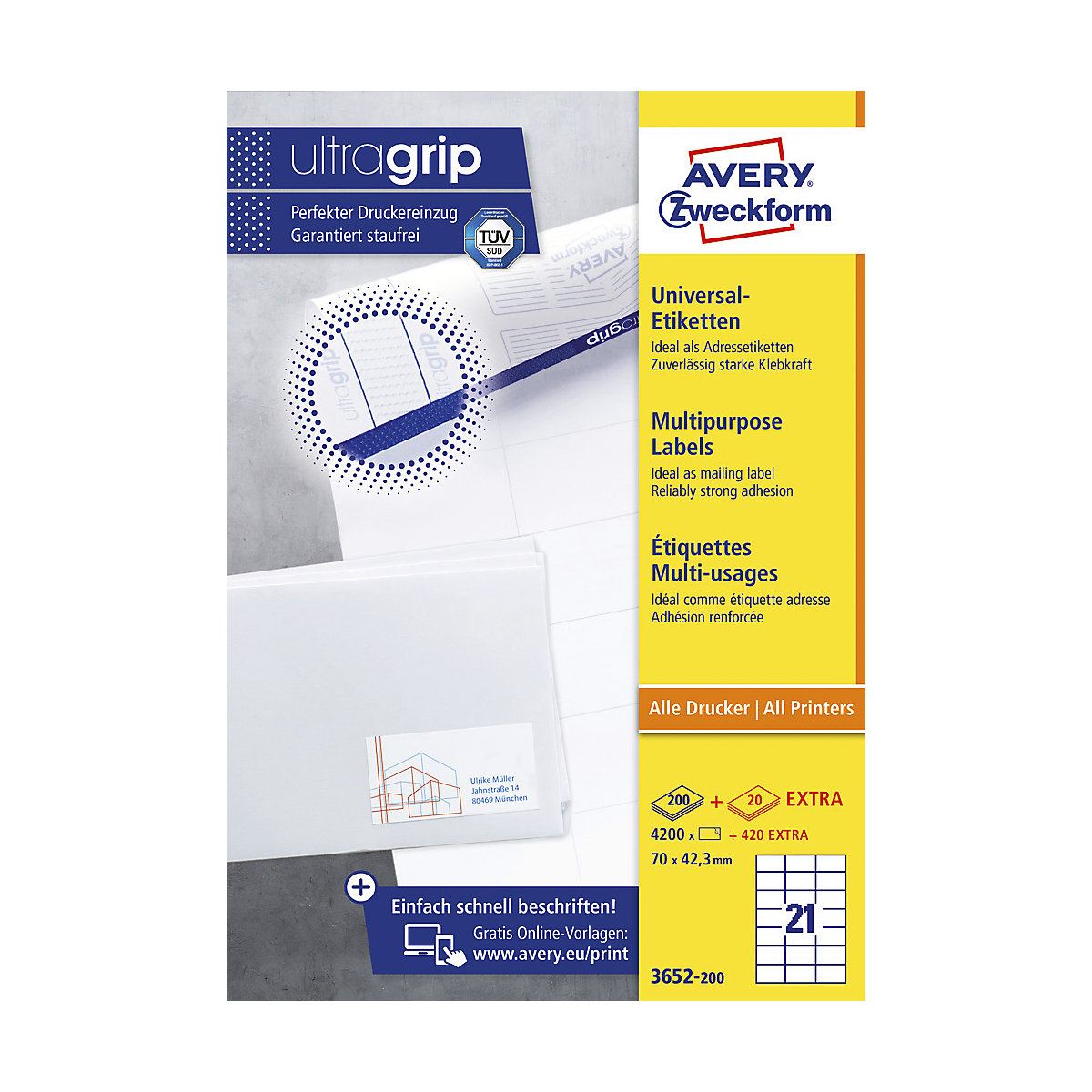 Etichette universali permanenti, bianco, lungh. x largh. 70 x 42,3 mm, 200 fogli-2