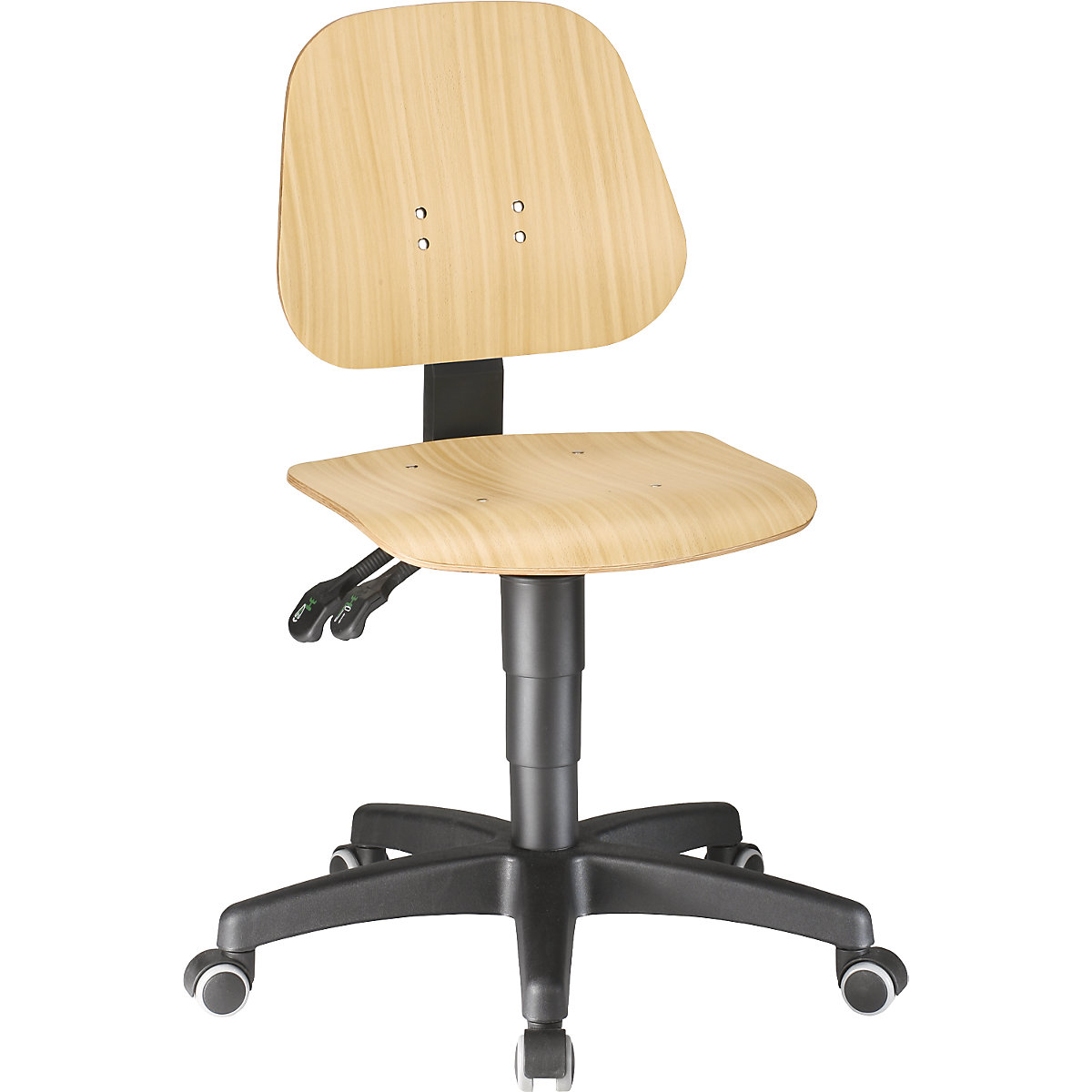 Industrial swivel chair – bimos, with gas lift height adjustment, beech plywood, with castors-1