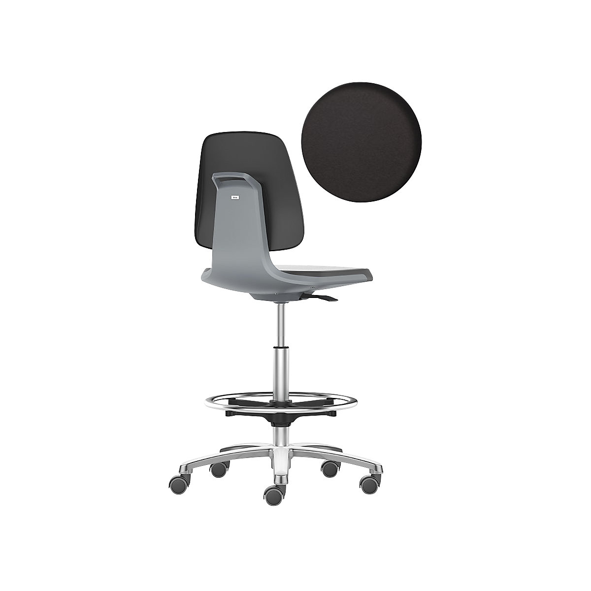 LABSIT industrial swivel chair – bimos, high chair with sit-stop castors and foot ring, PU foam seat, charcoal-17