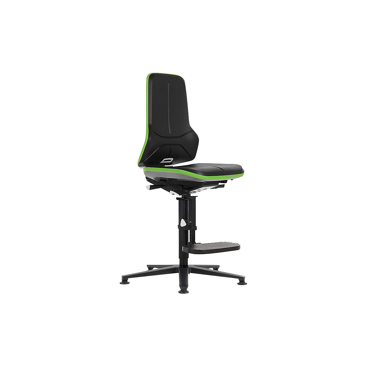 NEON industrial swivel chair, floor glides, step-up – bimos, permanent contact mechanism, PU foam, green bumper-3
