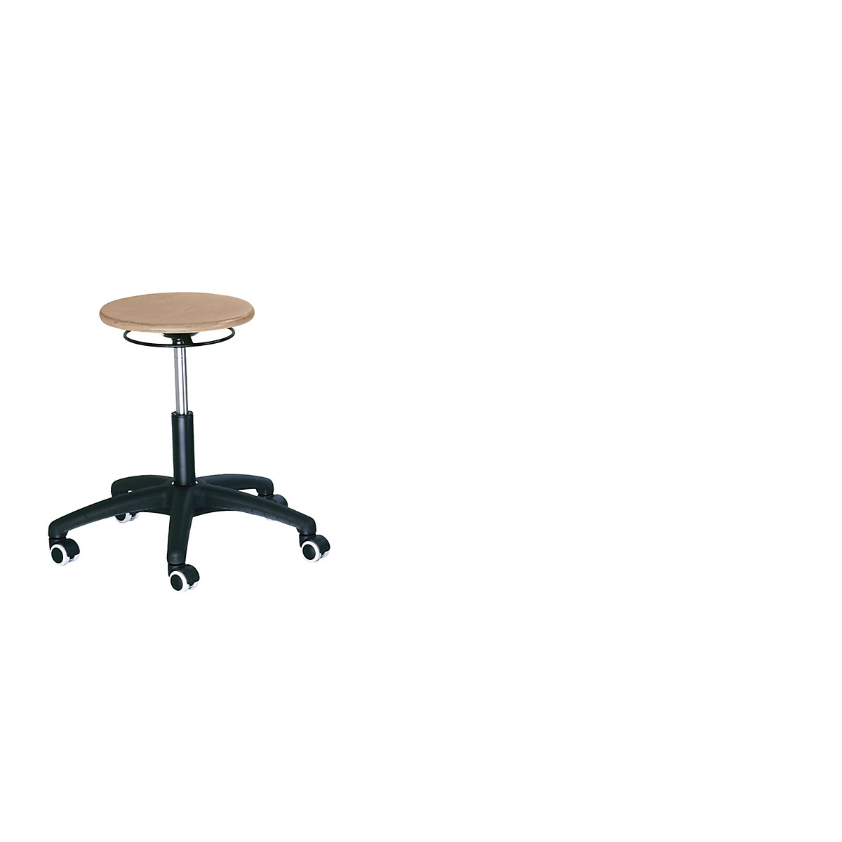 Industrial stool, gas-lift height adjustment – meychair, beech plywood seat, with castors-2