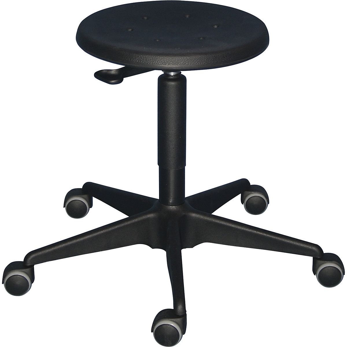 Industrial stool with gas lift height adjustment, tubular steel five-star base with castors, polyurethane foam seat in black-3