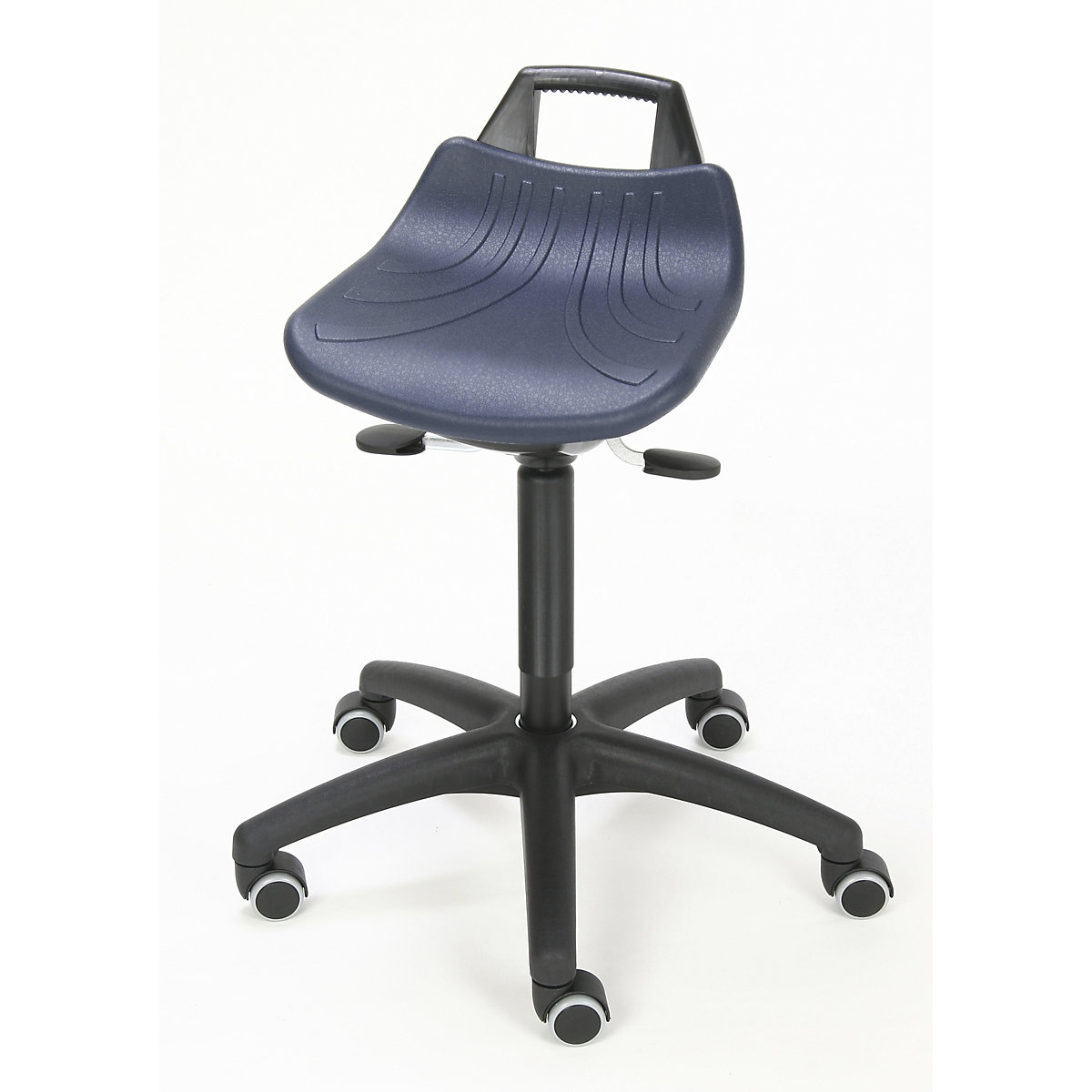 Stool with gas-lift height adjustment, with castors, polyurethane foam seat in blue-3