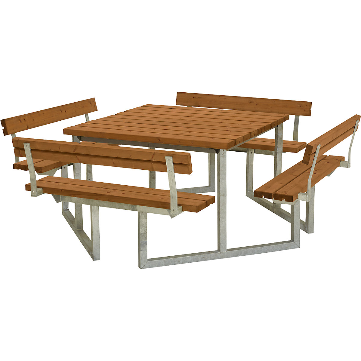 Conjunto de bancos e mesa para 8 pessoas, madeira de coníferas certificada, cores de teca, com encosto-10