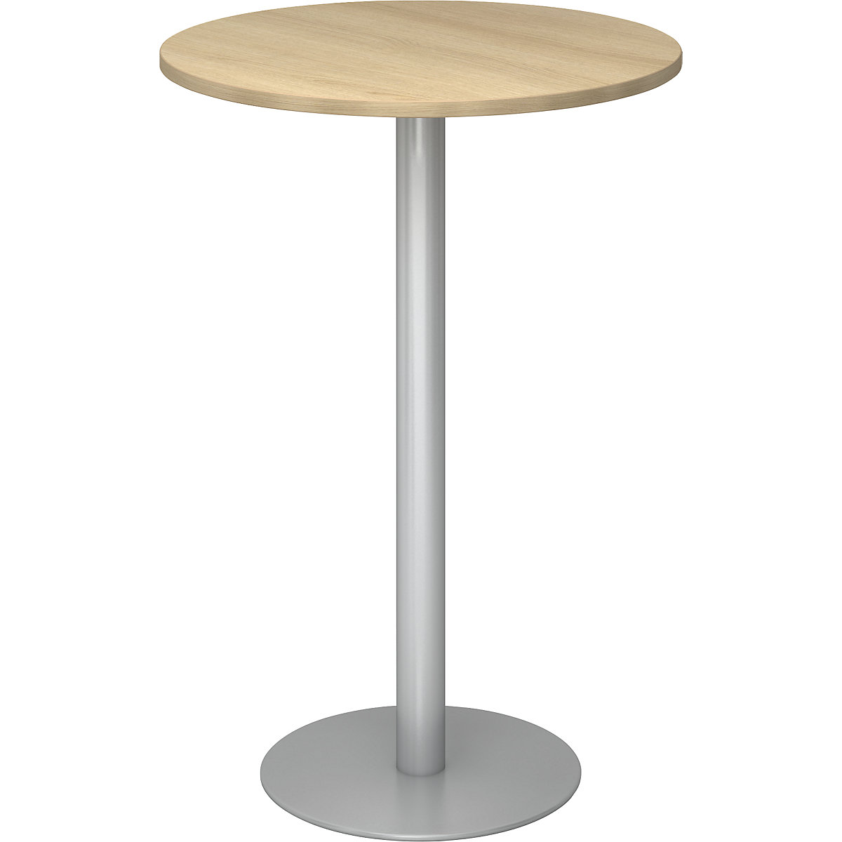 Állóasztal, Ø 800 mm, 1116 mm magas, ezüst váz, tölgyfa-dekor asztallap