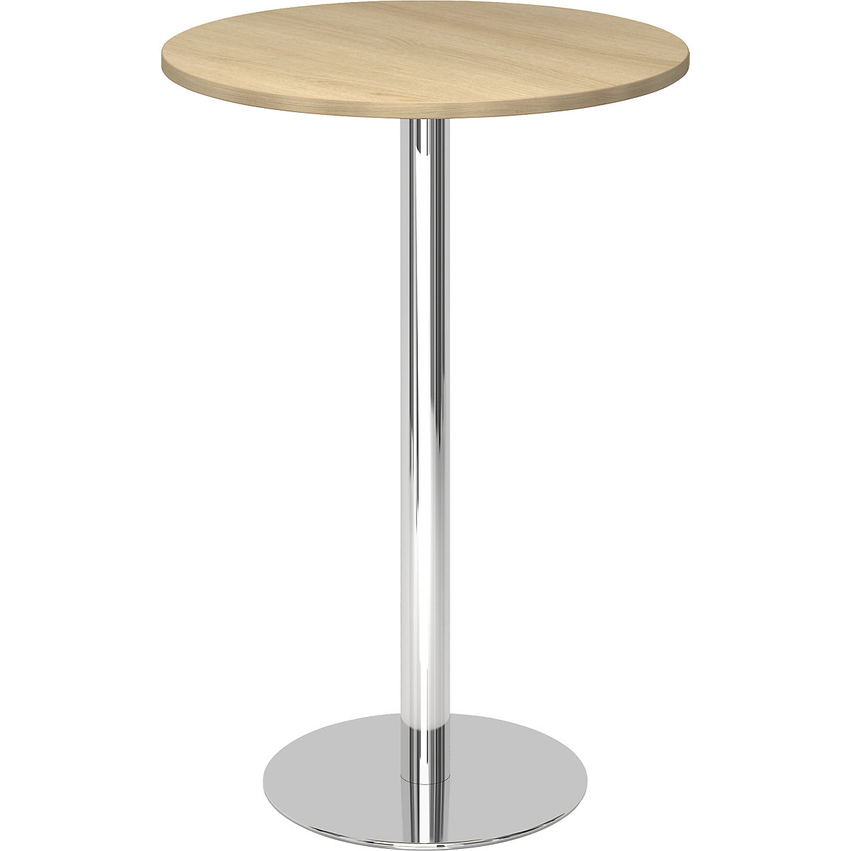 Állóasztal, Ø 800 mm, 1116 mm magas, krómozott váz, tölgyfa-dekor asztallap