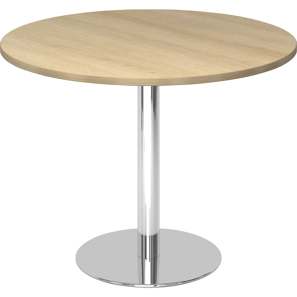 Tárgyalóasztal, Ø 1000 mm, 755 mm magas, krómozott váz, tölgyfa-dekor asztallap