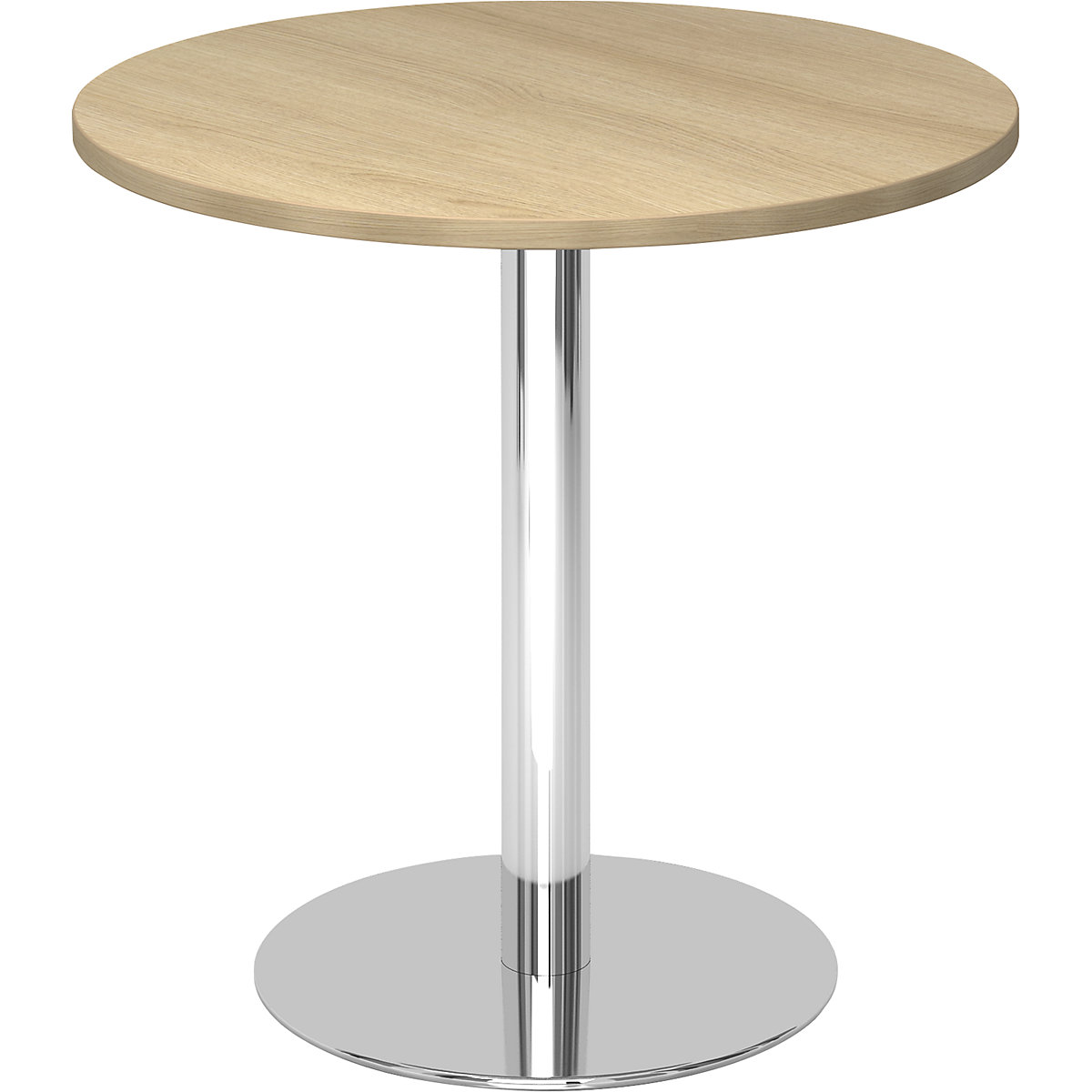 Tárgyalóasztal, Ø 800 mm, 755 mm magas, krómozott váz, tölgyfa-dekor asztallap
