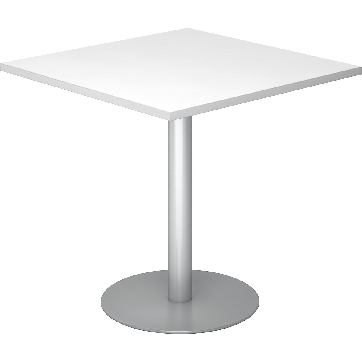 Tárgyalóasztal, h x szé 800 x 800 mm, 755 mm magas, ezüst váz, fehér asztallap
