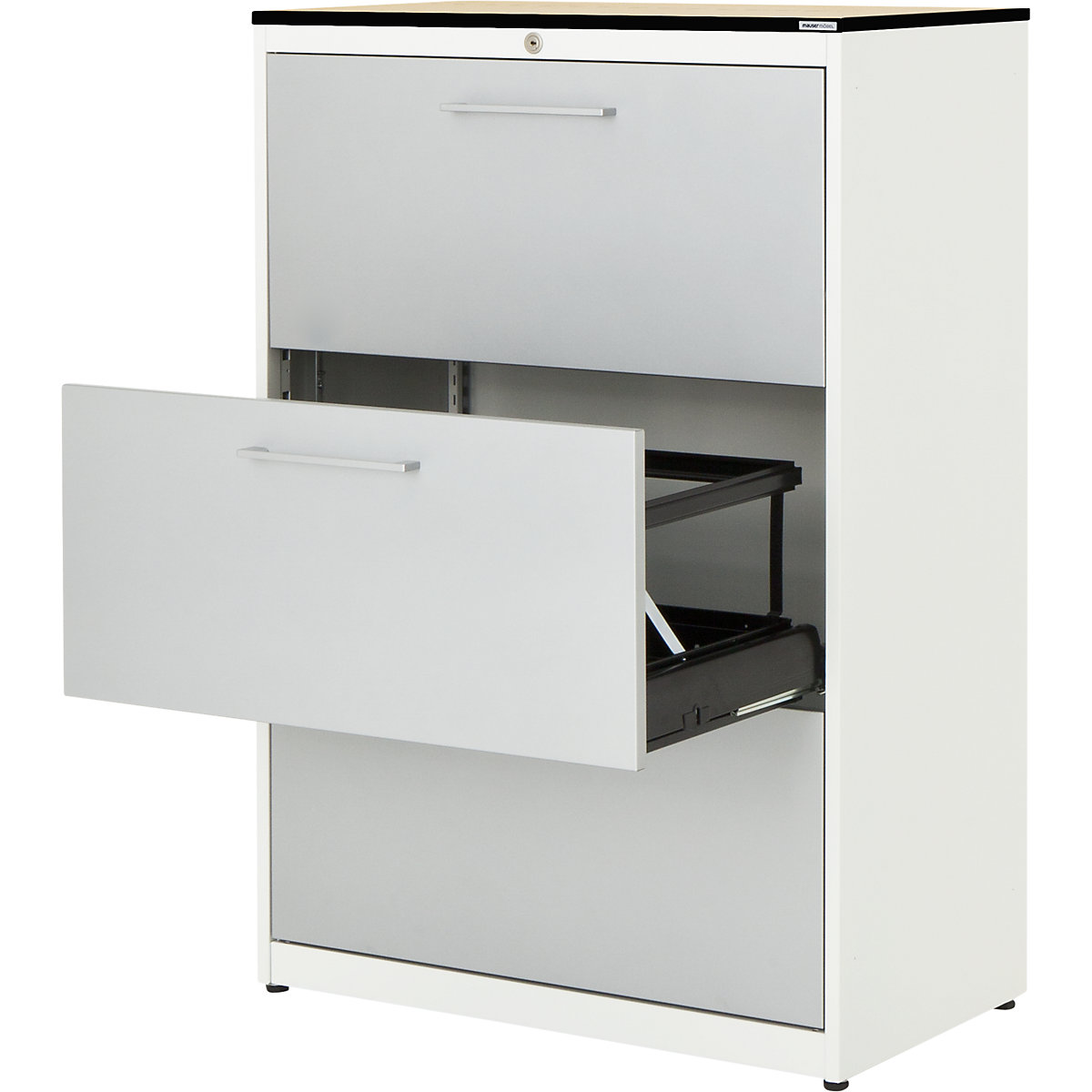 Függő irattartós szekrény – mauser, HPL kompozitlap, 3 fiók, 2 pályás, csapódásgátlóval, tiszta fehér / fehéralumínium / juhar-3