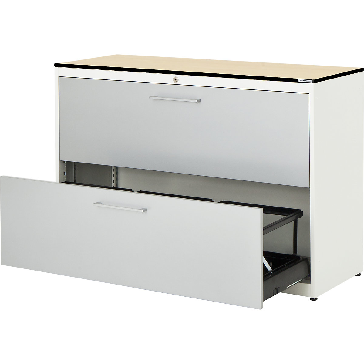 Függő irattartós szekrény – mauser, HPL kompozitlap, 2 fiók, 3 pályás, csapódásgátlóval, tiszta fehér / fehéralumínium / juhar-3