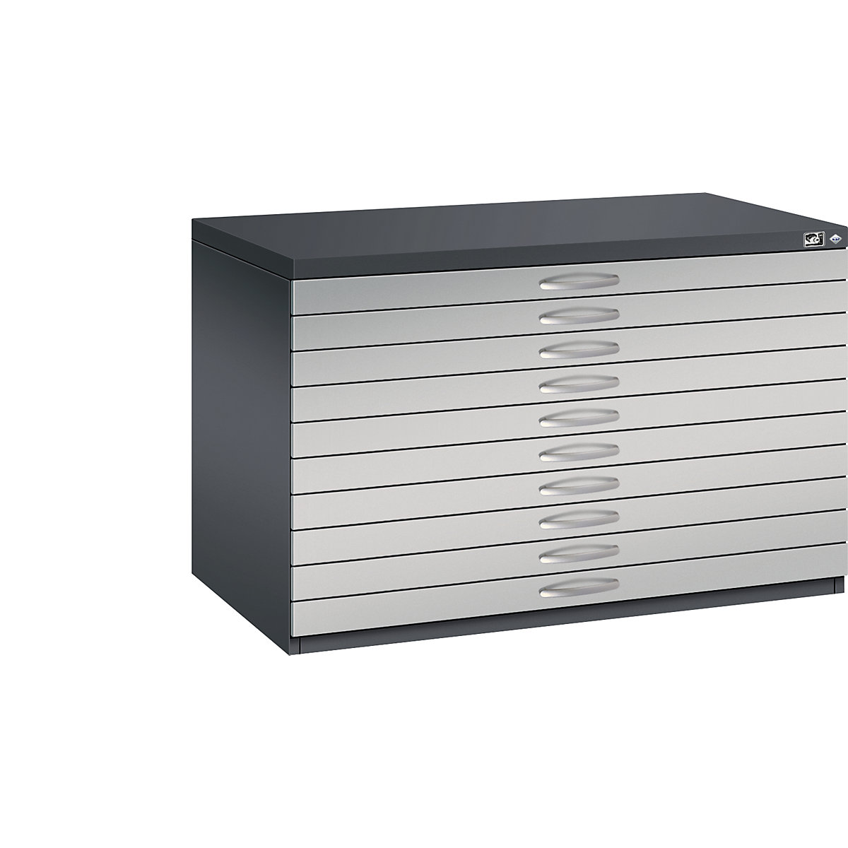 Rajztároló szekrény – C+P, DIN A1, 10 fiók, magasság 760 mm, feketésszürke / fehéralumínium-15