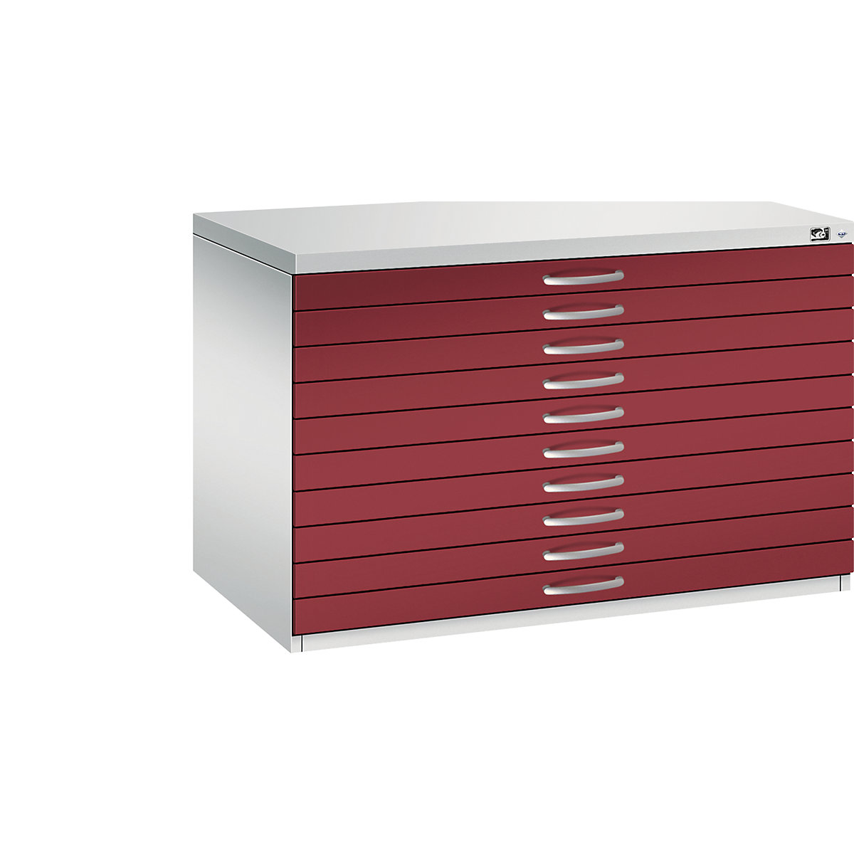 Rajztároló szekrény – C+P, DIN A1, 10 fiók, magasság 760 mm, világosszürke / rubinvörös-16