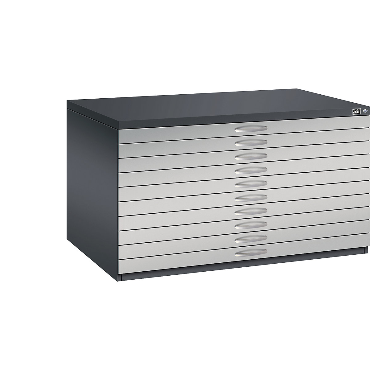 Rajztároló szekrény – C+P, DIN A0, 10 fiók, magasság 760 mm, feketésszürke / fehéralumínium-21