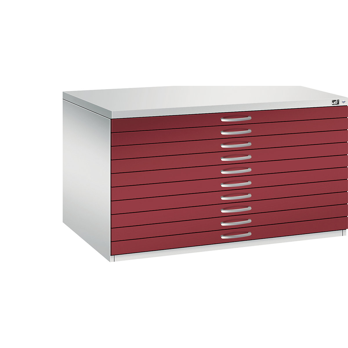 Rajztároló szekrény – C+P, DIN A0, 10 fiók, magasság 760 mm, világosszürke / rubinvörös-22