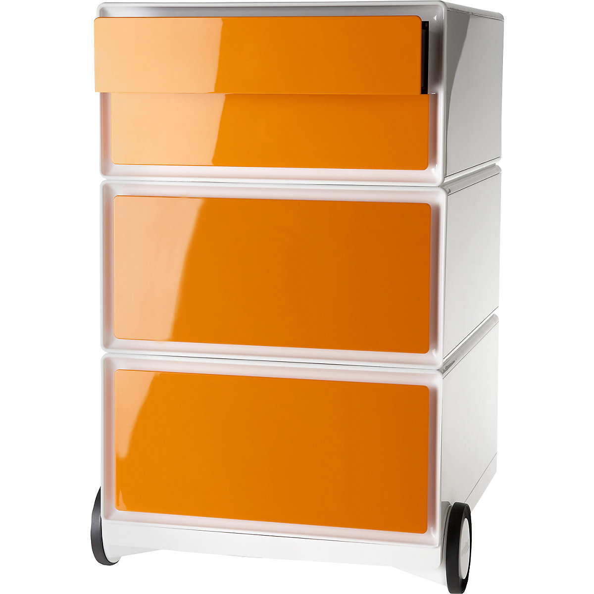 easyBox® görgős konténer – Paperflow, 2 fiók, 2 lapos fiók, fehér / narancssárga-11