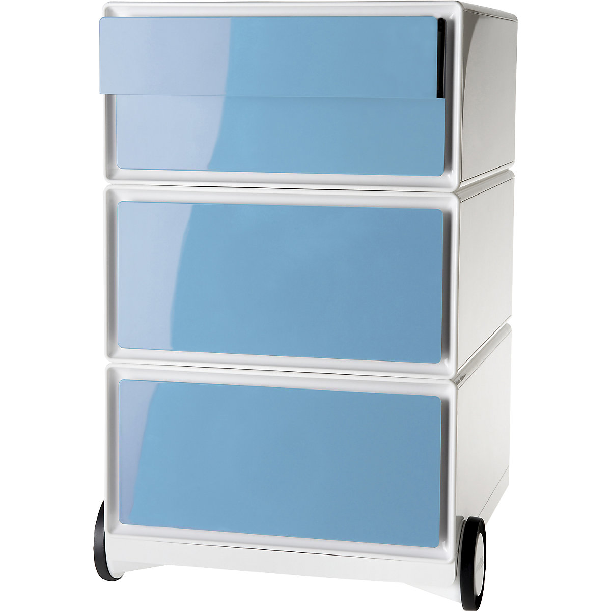 easyBox® görgős konténer – Paperflow, 2 fiók, 2 lapos fiók, fehér / kék-10