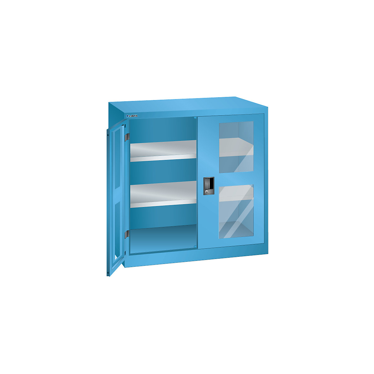 Omara s krilnimi vrati, 2 polici – LISTA, širina 1000 mm, z okenci, svetlo modra-7