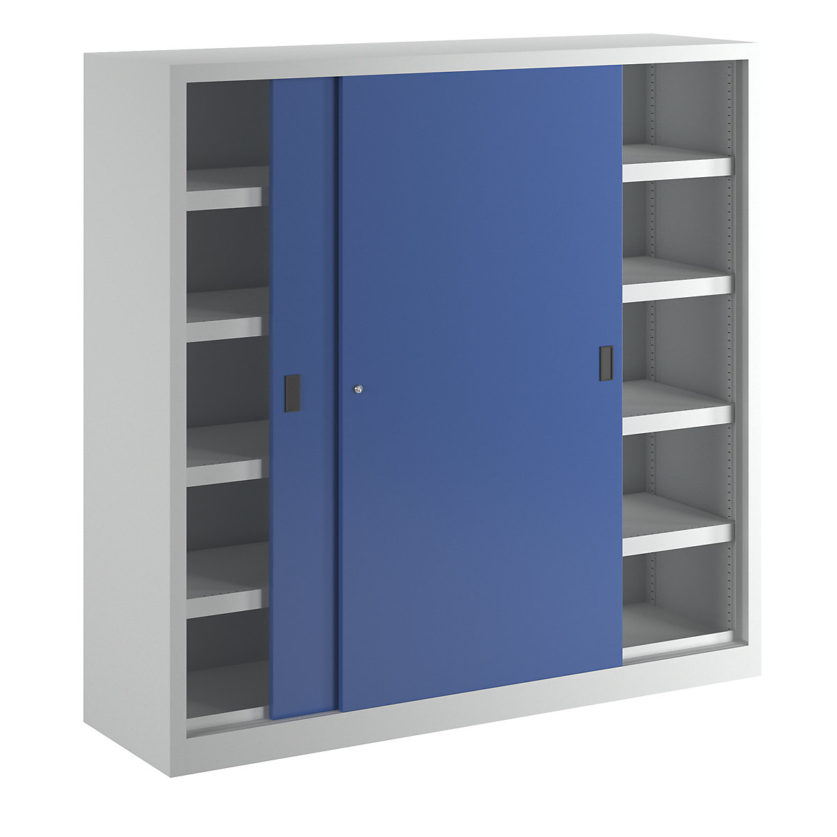 Omara za žoge z drsnimi vrati, višina 1950 mm – Pavoy, z vrati iz polne pločevine, širina 2000 mm, siva / modra-13