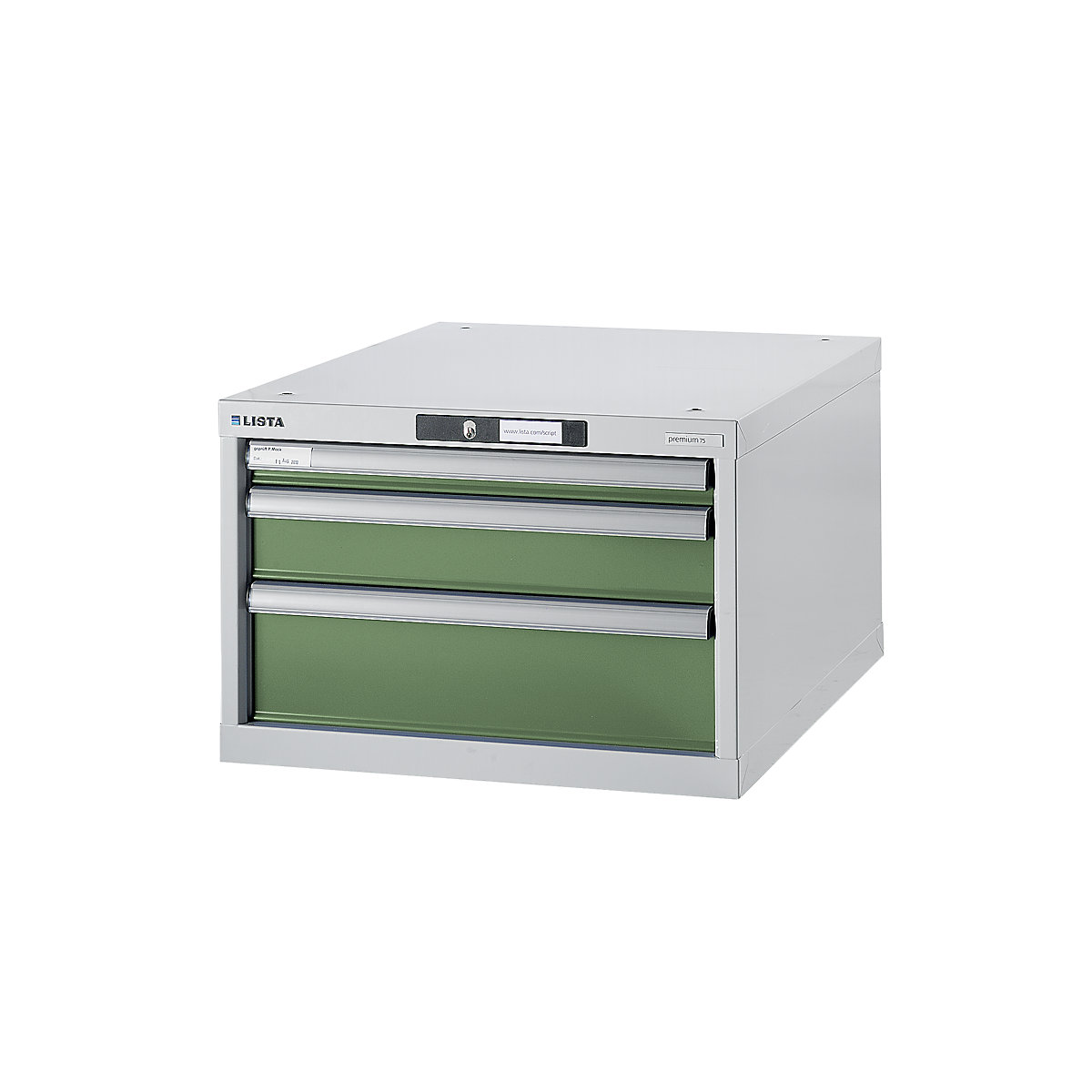 Modulni sistem za delovne mize, spodnja omarica – LISTA, višina 383 mm, 3 predali, reseda zelena-7