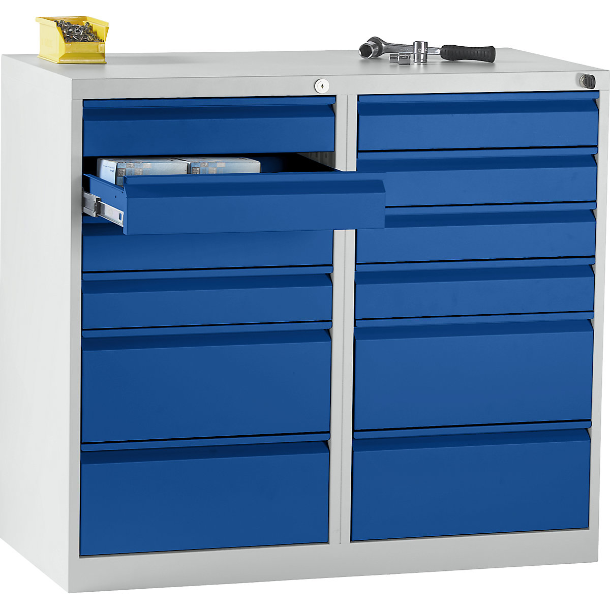 Predalnik, jeklen – eurokraft basic, VxŠxG 900 x 1000 x 500 mm, 12 predalov, barva predalov encijan modra-9