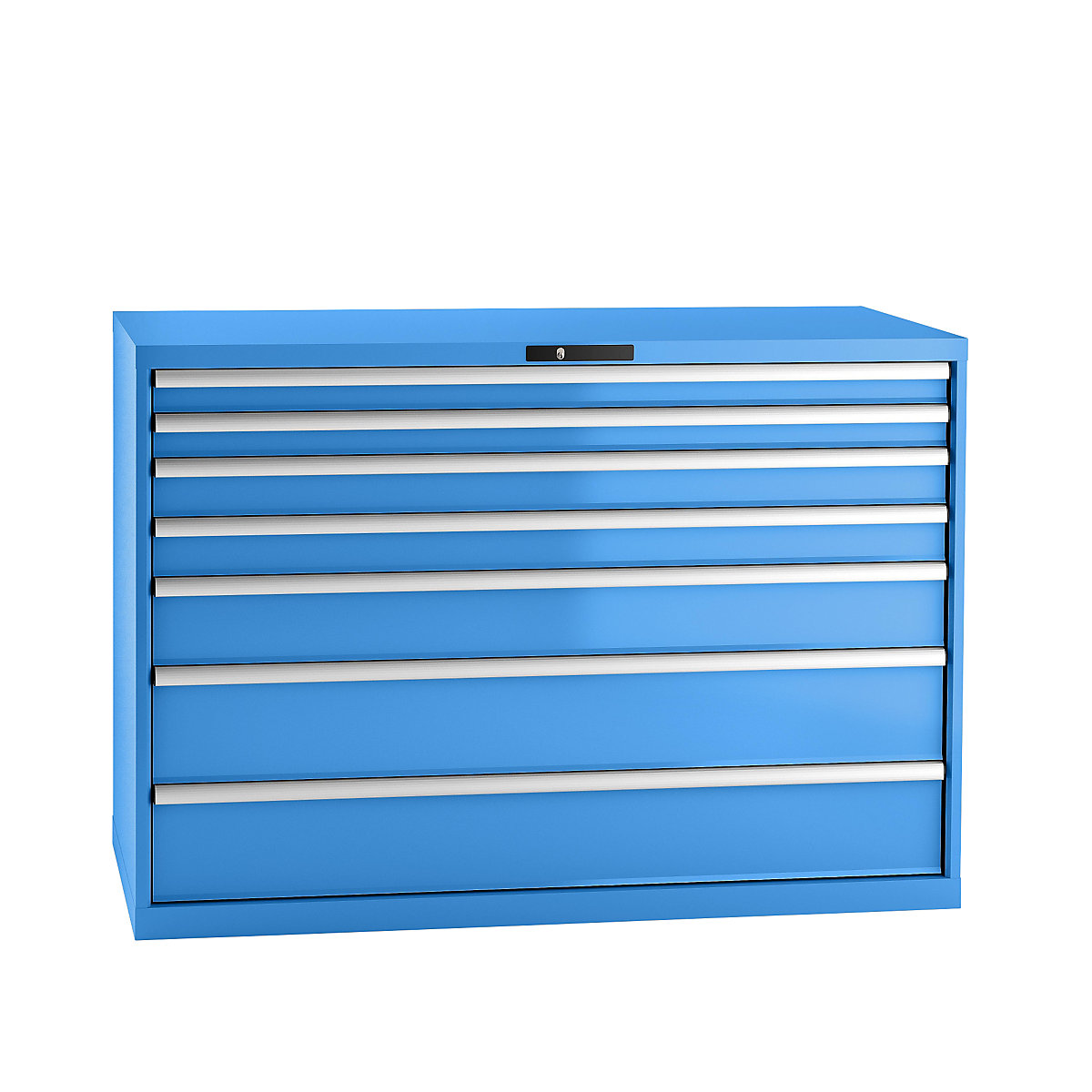 Predalnik, jeklena pločevina – LISTA, VxŠ 1000 x 1431 mm, 7 predalov, nosilnost 75 kg, svetlo modra-10