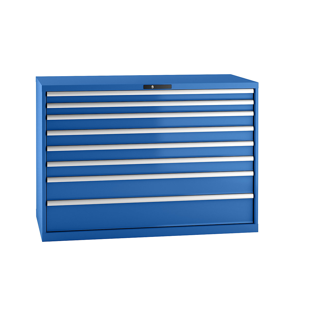 Predalnik, jeklena pločevina – LISTA, VxŠ 1000 x 1431 mm, 8 predalov, nosilnost 75 kg, encijan modra-17