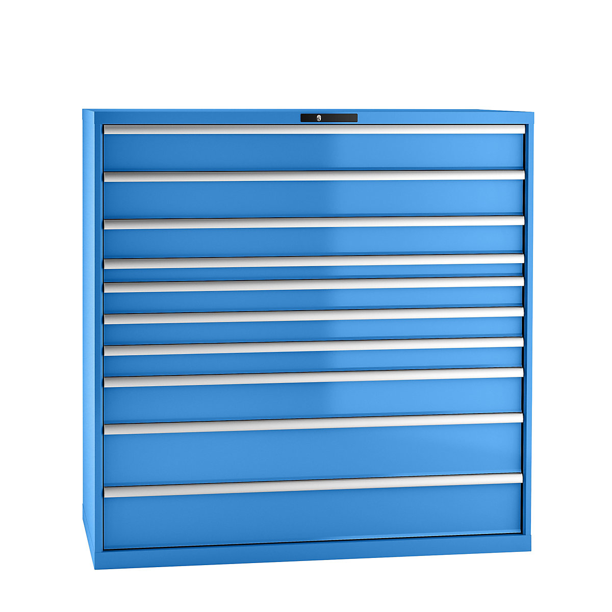 Predalnik, jeklena pločevina – LISTA, VxŠ 1450 x 1431 mm, 10 predalov, nosilnost 200 kg, svetlo modra-8