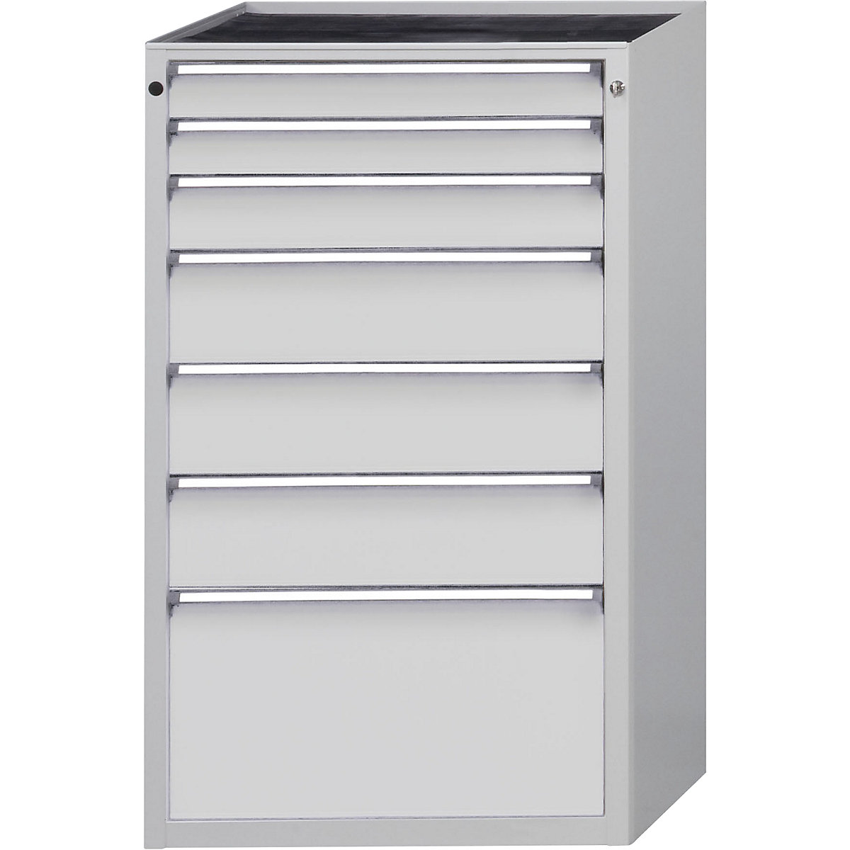 ANKE – Predalnik, ŠxG 760 x 675 mm, nosilnost predalov 200 kg, 7 predalov, višina 1280 mm, sprednji del svetlo siva