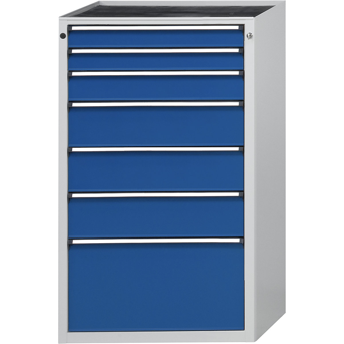 ANKE – Predalnik, ŠxG 760 x 675 mm, nosilnost predalov 200 kg, 7 predalov, višina 1280 mm, sprednji del encijan modra