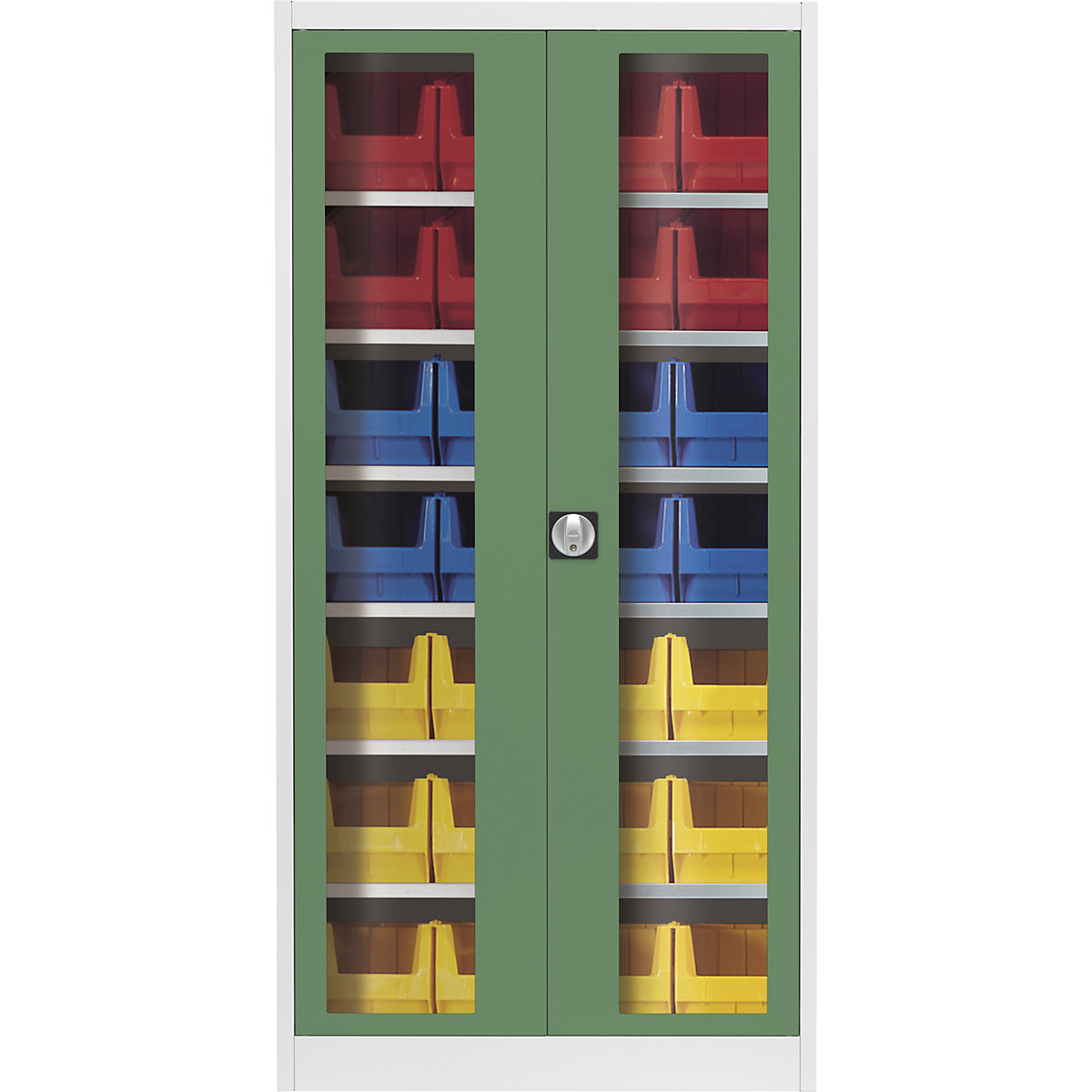 Omara s krilnimi vrati z akrilnim steklom – mauser, z 28 odprtimi skladiščnimi posodami, svetlo sive / reseda zelene barve-7