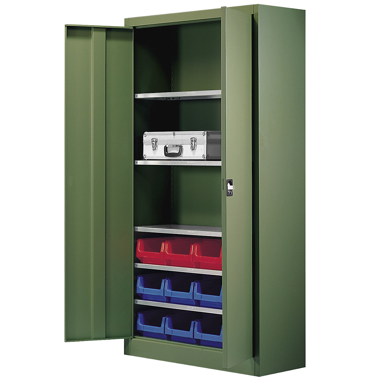 Skladiščna omara, enobarvna – mauser, z 12 odprtimi skladiščnimi posodami, 5 polic, zelena-3