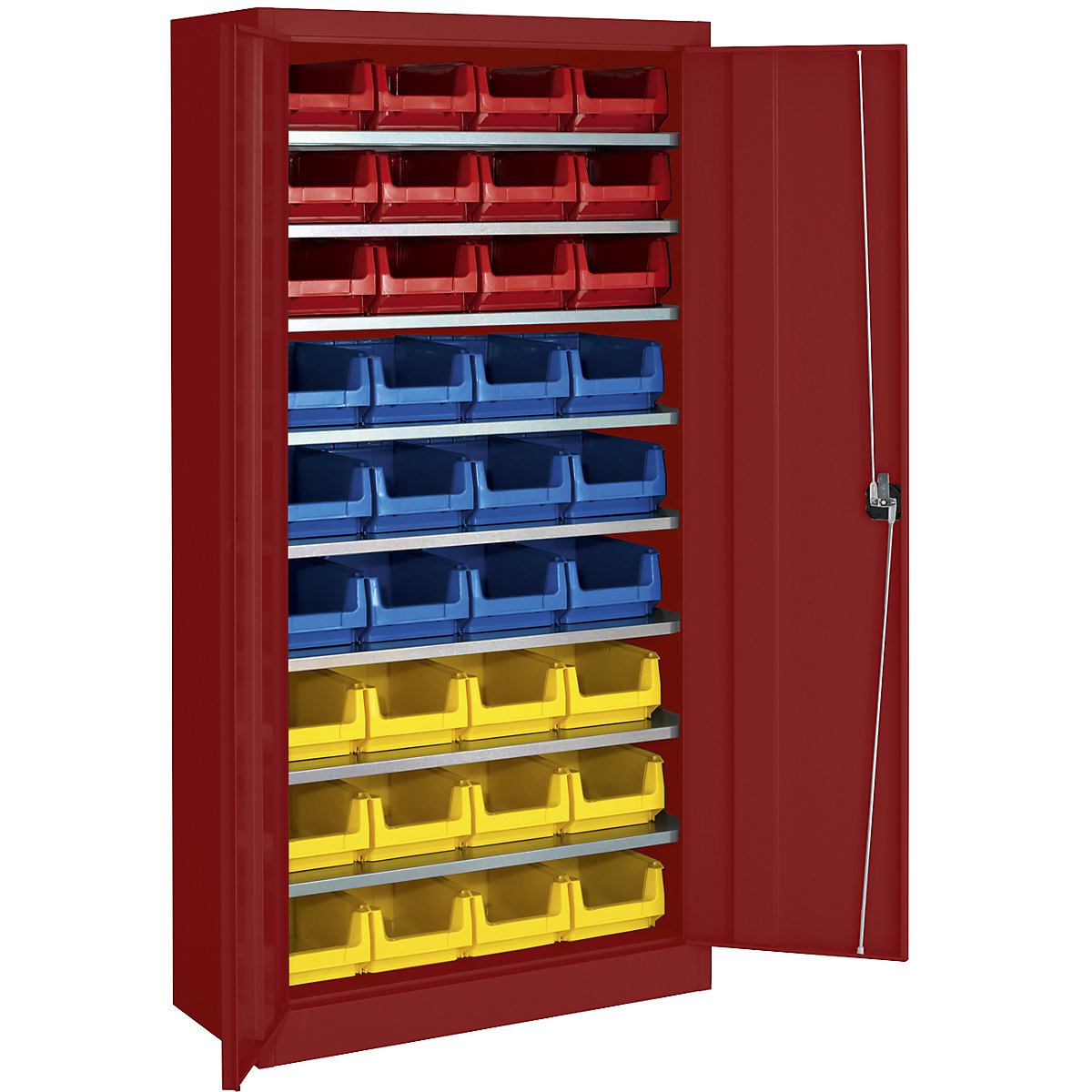 Skladiščna omara, enobarvna – mauser, s 36 odprtimi skladiščnimi posodami, 8 polic, rdeča-2
