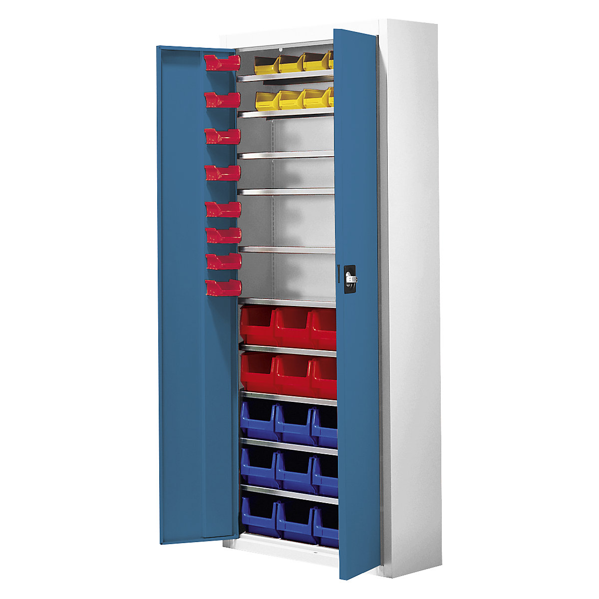 Skladiščna omara z odprtimi skladiščnimi posodami – mauser, VxŠxG 1740 x 680 x 280 mm, 48 posod, dve barvi, korpus siv, vrata modra-2