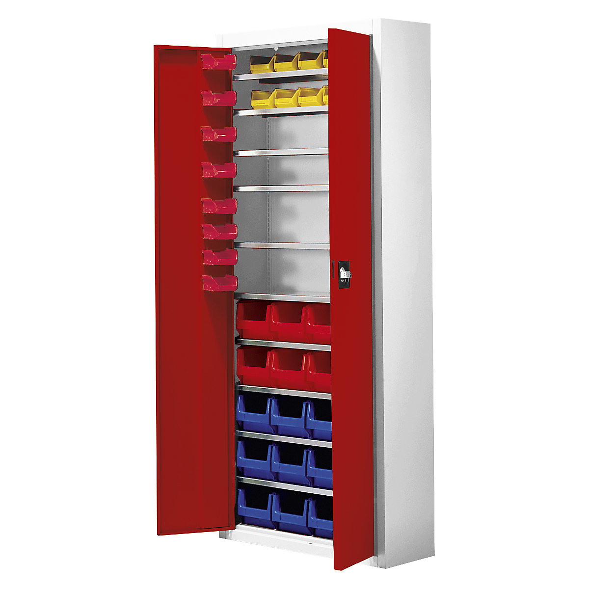 Skladiščna omara z odprtimi skladiščnimi posodami – mauser, VxŠxG 1740 x 680 x 280 mm, 48 posod, dve barvi, korpus siv, vrata rdeča, od 3 kosov-3