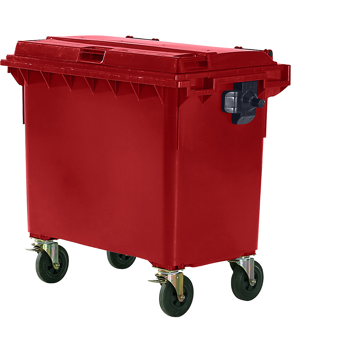 Műanyag hulladéktároló, DIN EN 840, űrtartalom 660 l, szé x ma x mé 1360 x 1235 x 765 mm, piros