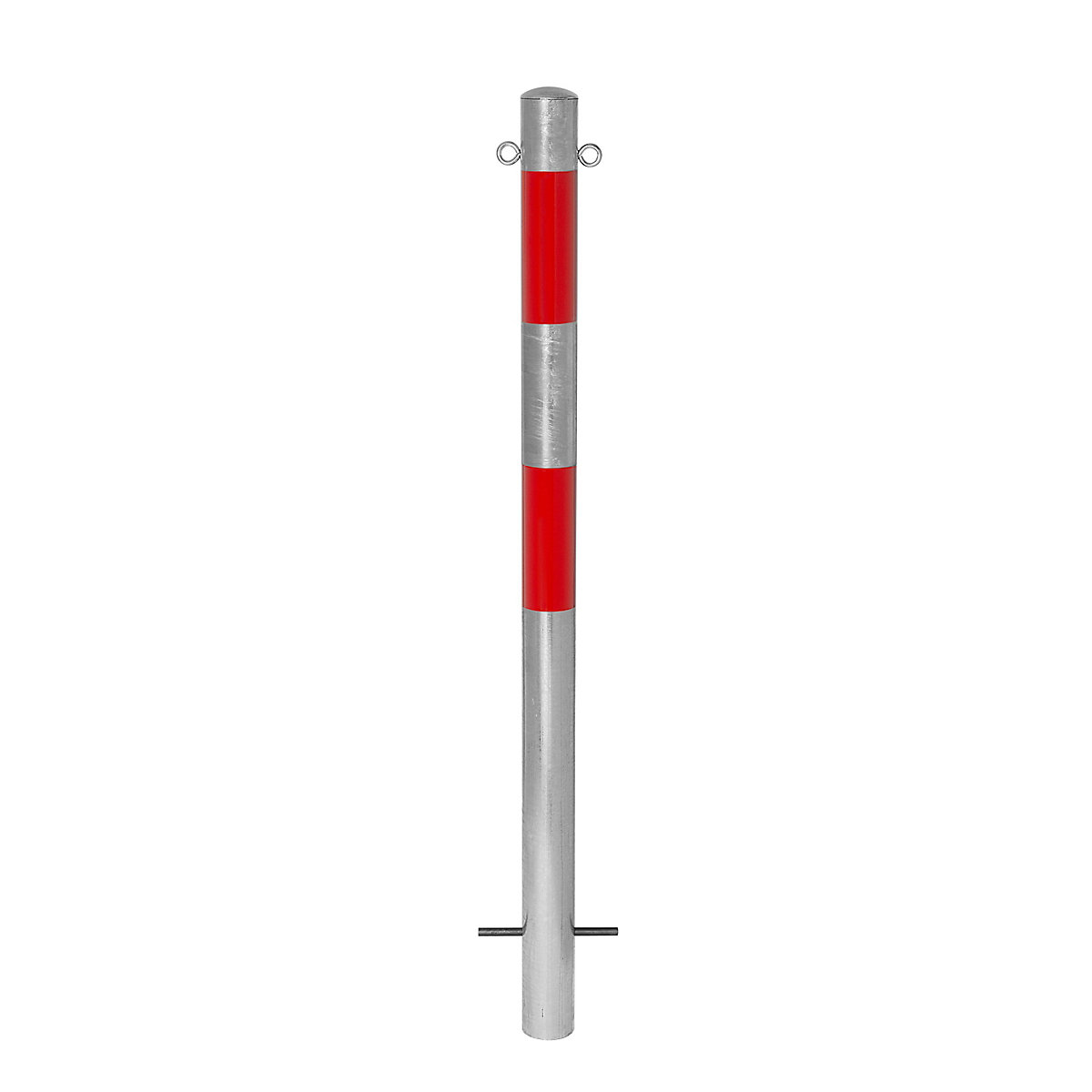 Lezáróoszlop, lebetonozáshoz, Ø 90 mm, tűzihorganyzott / piros fényvisszaverő, 2 függesztőszem-3