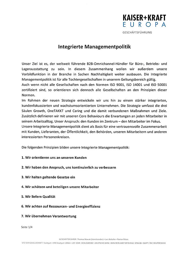 Einblick in die integrierte Managementpolitik von KAISER+KRAFT