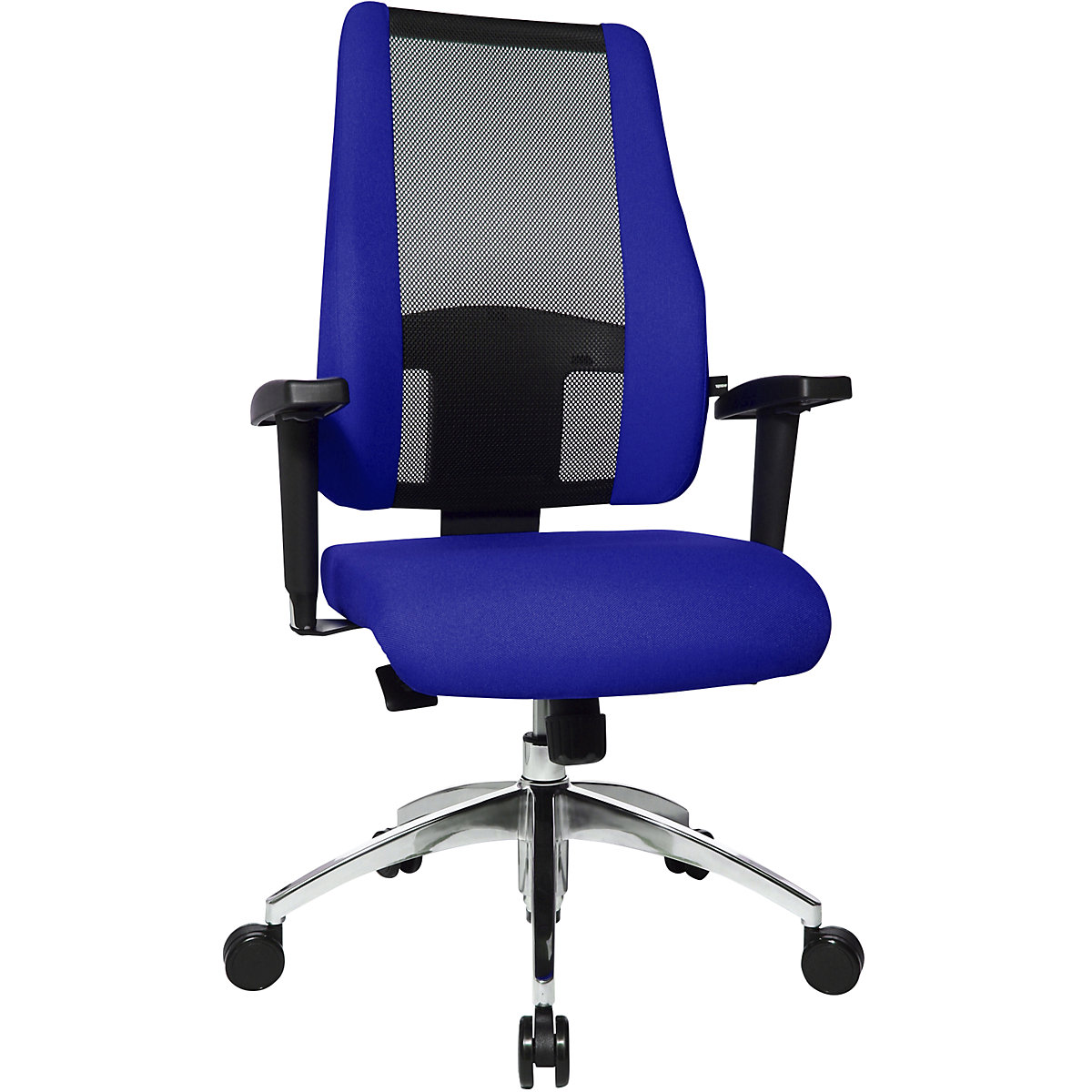 Kancelářská otočná židle AIR SYNCRO – Topstar, síťované opěradlo s čalouněnými bočními částmi, černá / modrá-3