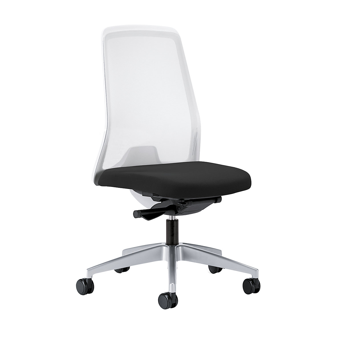 Otočná židle pro operátory EVERY, bílé síťované opěradlo – interstuhl, jasně stříbrný podstavec, s měkkými kolečky, grafitově černá, hloubka sedáku 430 mm-4