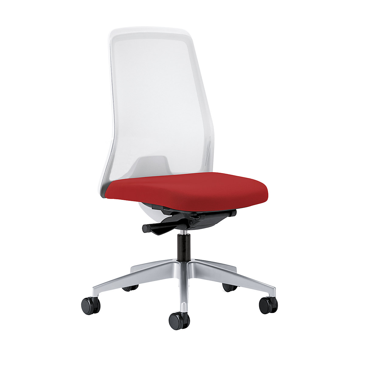 Otočná židle pro operátory EVERY, bílé síťované opěradlo – interstuhl, jasně stříbrný podstavec, s měkkými kolečky, ohnivě červená, hloubka sedáku 430 mm-5